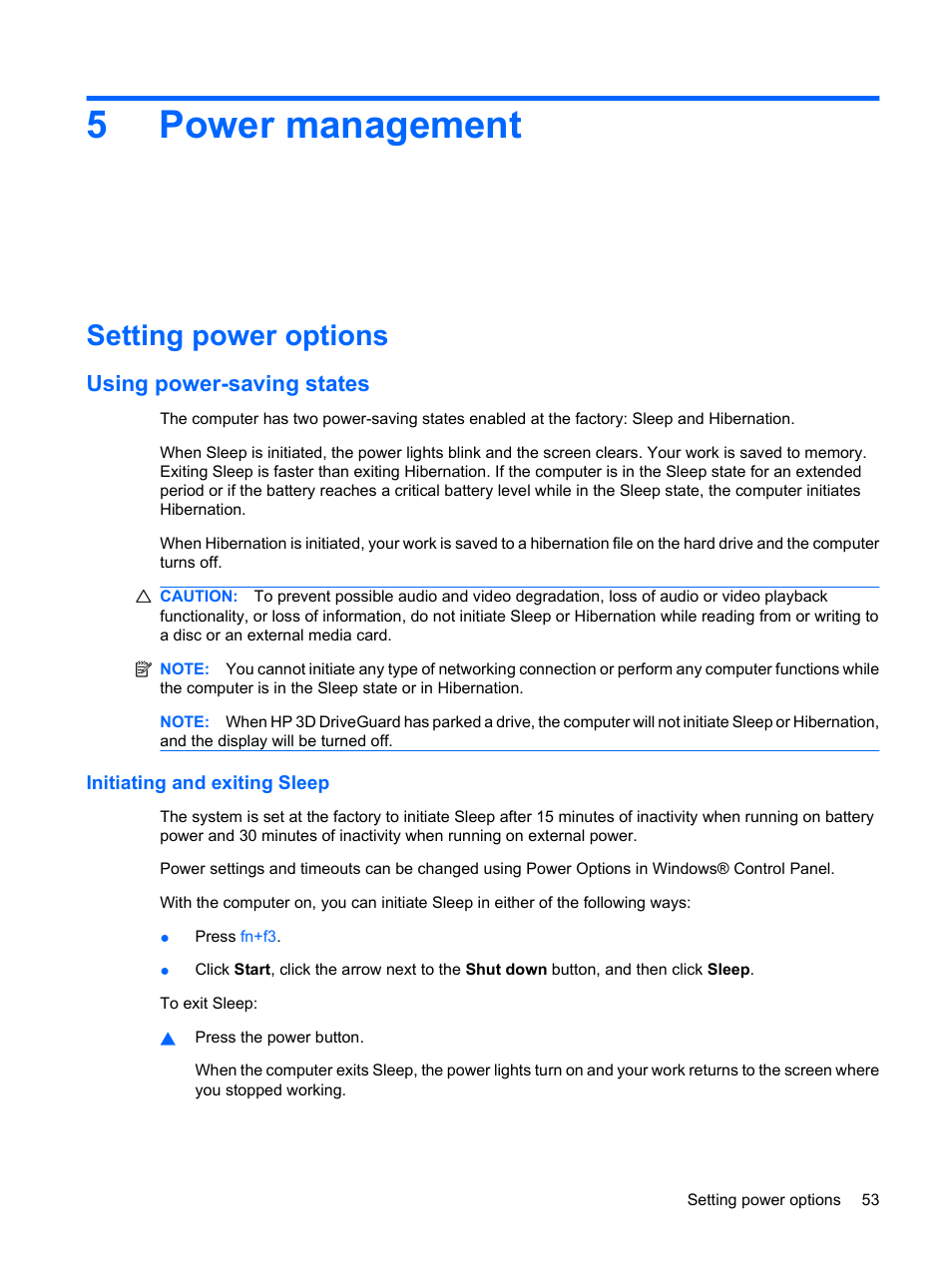 Power management, Setting power options, Using power-saving states | Initiating and exiting sleep, 5 power management, 5power management | HP EliteBook 2540p Notebook PC User Manual | Page 65 / 177