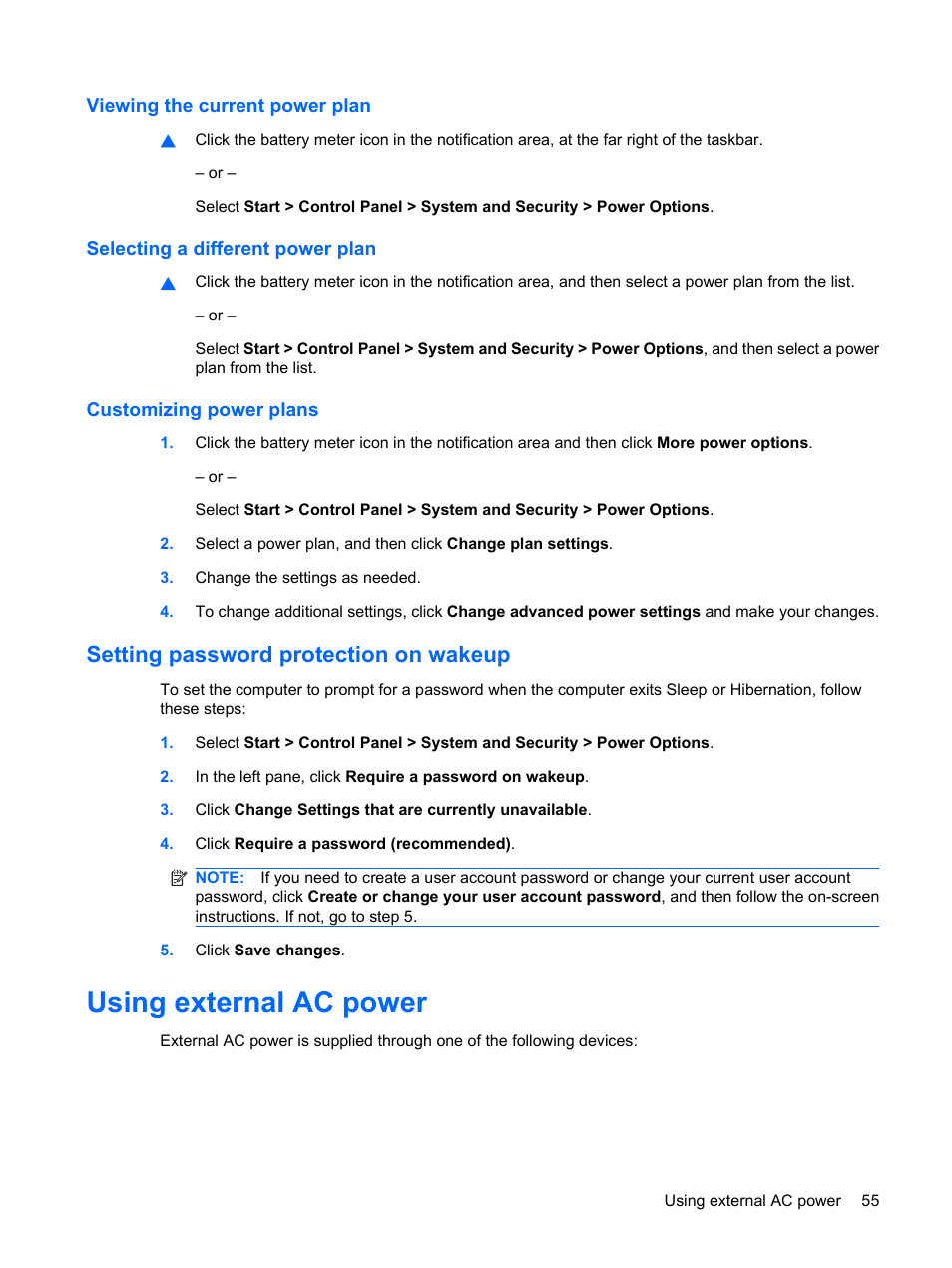 Viewing the current power plan, Selecting a different power plan, Customizing power plans | Setting password protection on wakeup, Using external ac power | HP EliteBook 2540p Notebook PC User Manual | Page 67 / 177