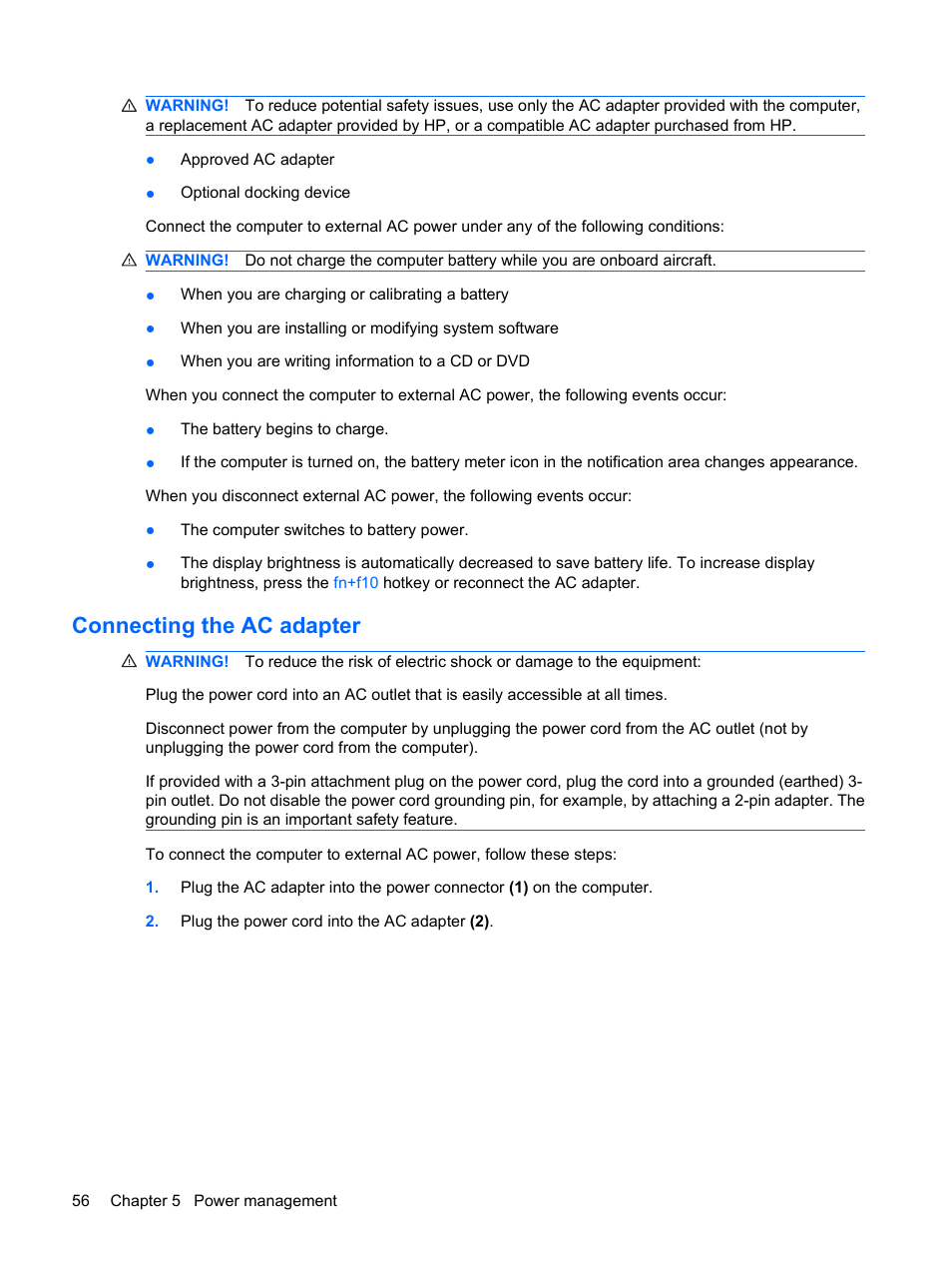 Connecting the ac adapter | HP EliteBook 2540p Notebook PC User Manual | Page 68 / 177