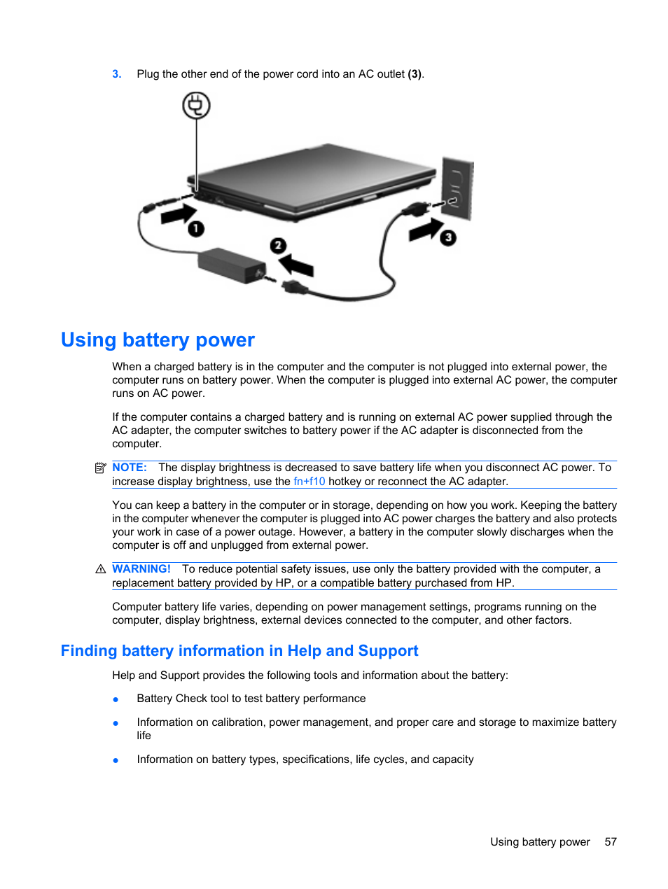 Using battery power, Finding battery information in help and support | HP EliteBook 2540p Notebook PC User Manual | Page 69 / 177