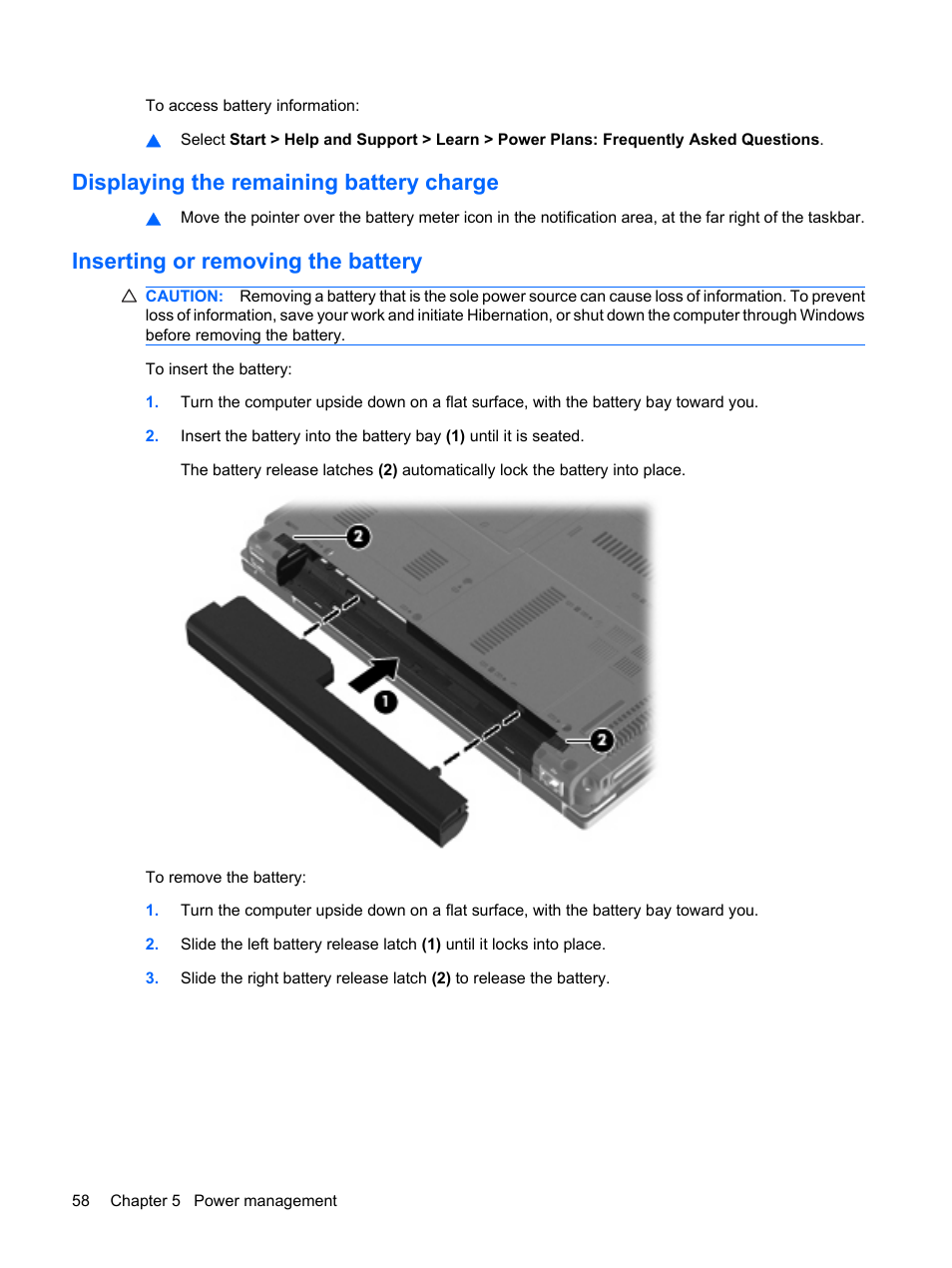 Displaying the remaining battery charge, Inserting or removing the battery | HP EliteBook 2540p Notebook PC User Manual | Page 70 / 177