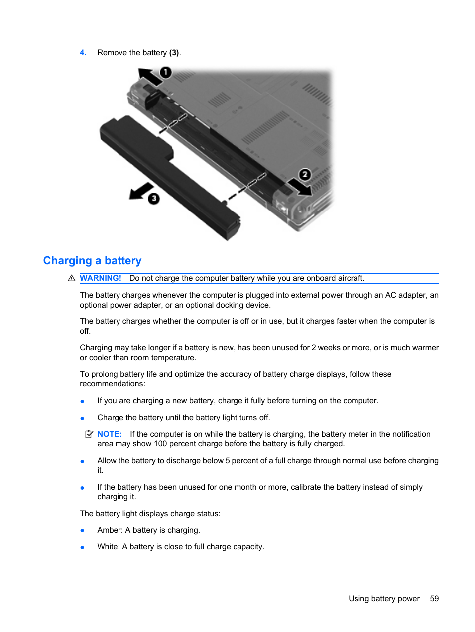 Charging a battery | HP EliteBook 2540p Notebook PC User Manual | Page 71 / 177