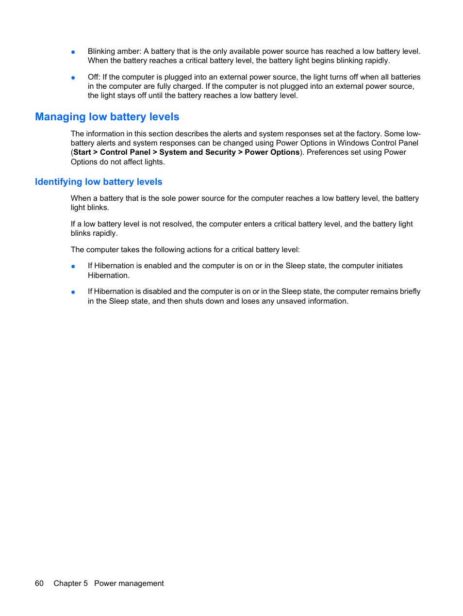 Managing low battery levels, Identifying low battery levels | HP EliteBook 2540p Notebook PC User Manual | Page 72 / 177