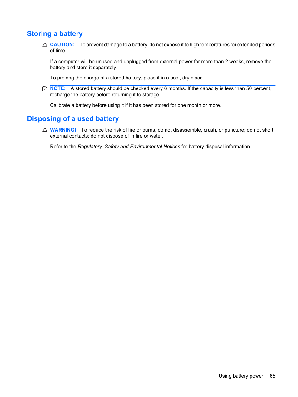 Storing a battery, Disposing of a used battery, Storing a battery disposing of a used battery | HP EliteBook 2540p Notebook PC User Manual | Page 77 / 177