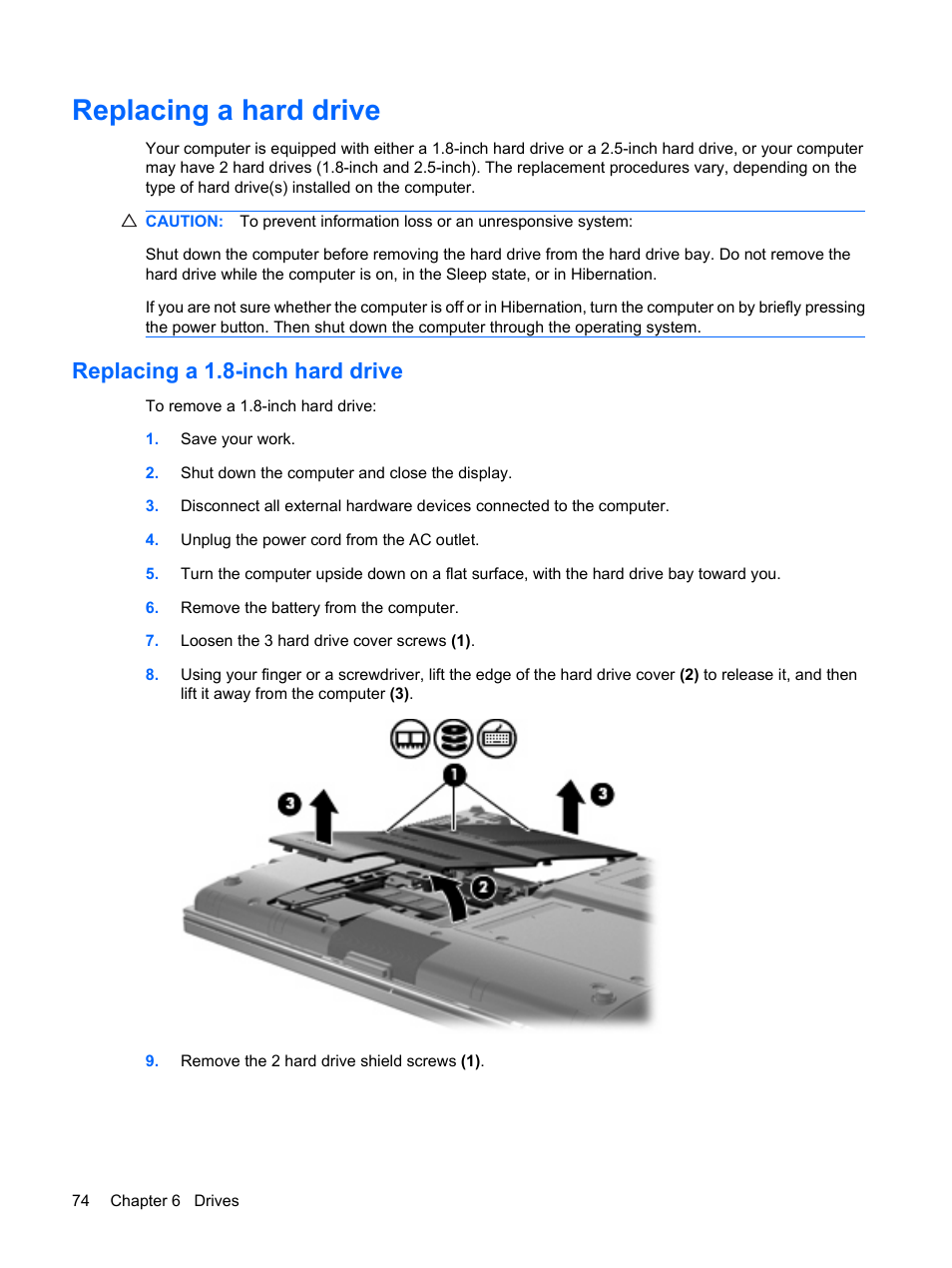 Replacing a hard drive, Replacing a 1.8-inch hard drive | HP EliteBook 2540p Notebook PC User Manual | Page 86 / 177