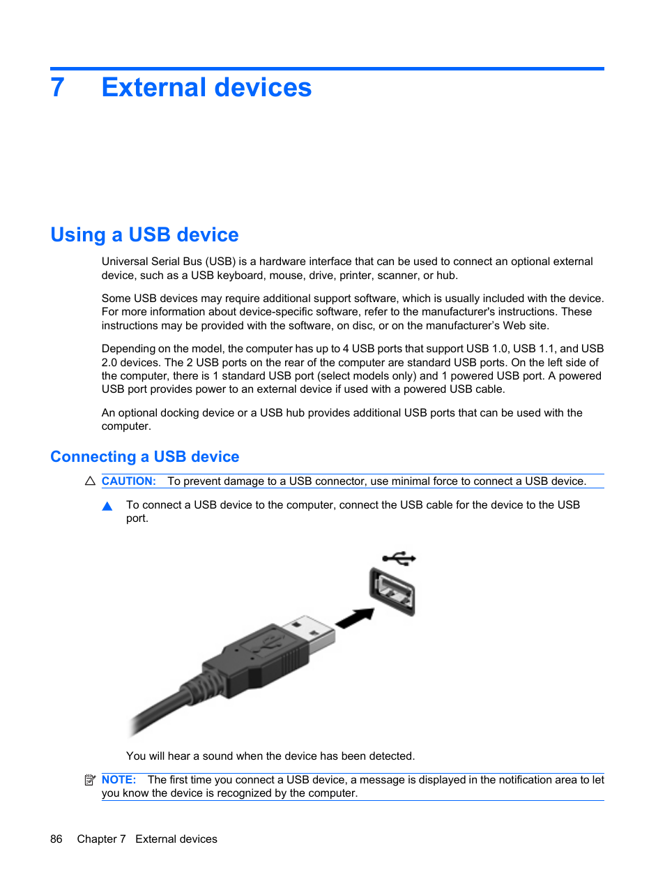 External devices, Using a usb device, Connecting a usb device | 7 external devices, 7external devices | HP EliteBook 2540p Notebook PC User Manual | Page 98 / 177