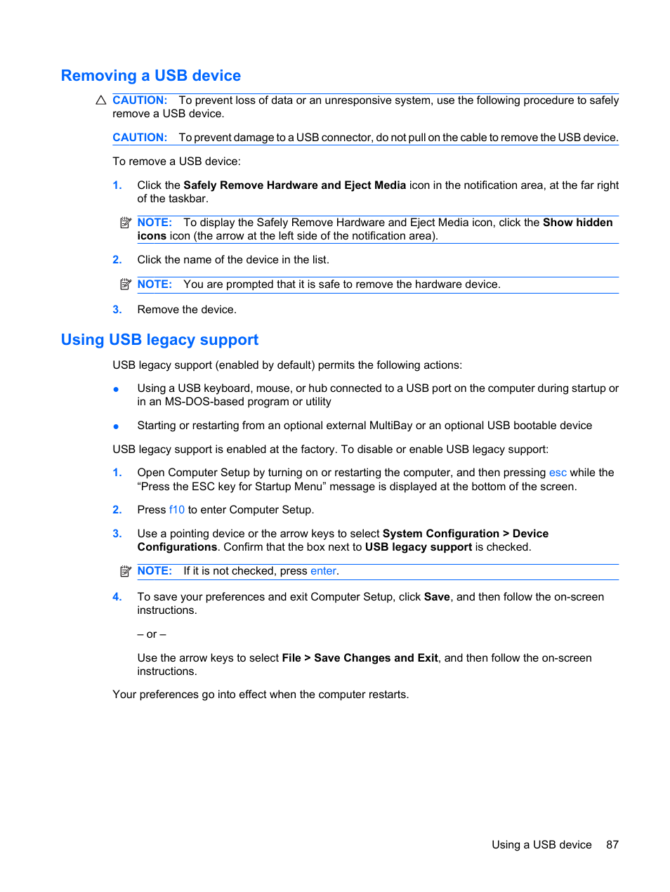 Removing a usb device, Using usb legacy support, Removing a usb device using usb legacy support | HP EliteBook 2540p Notebook PC User Manual | Page 99 / 177