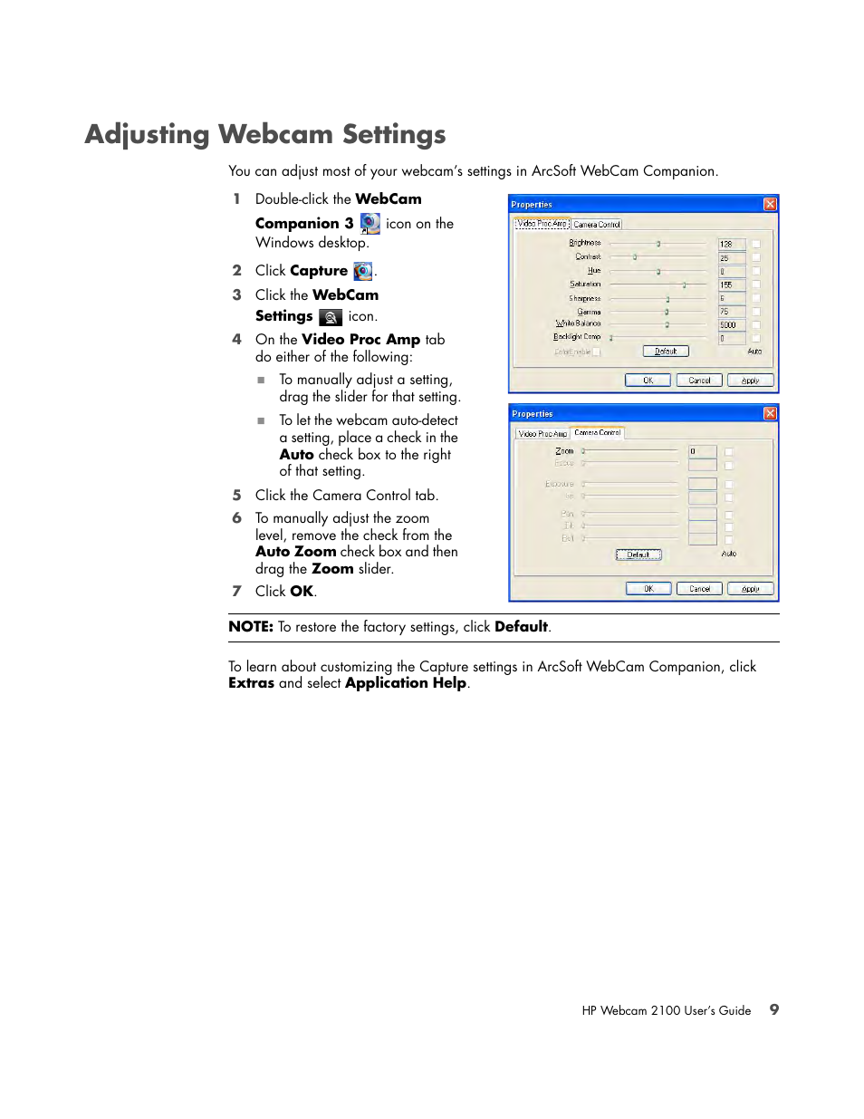 Adjusting webcam settings | HP 2100 Webcam User Manual | Page 13 / 16