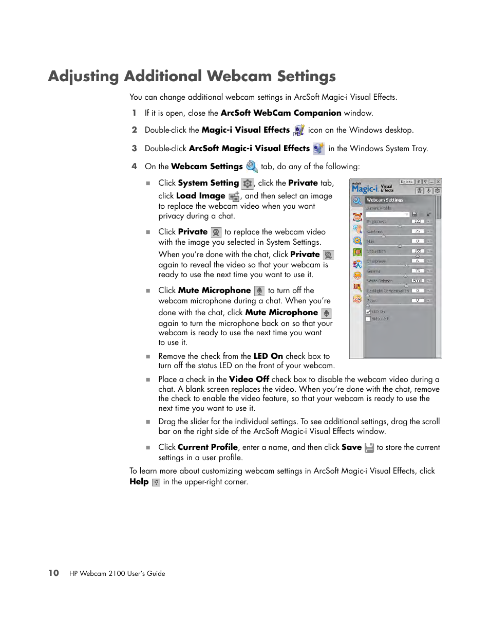 Adjusting additional webcam settings | HP 2100 Webcam User Manual | Page 14 / 16