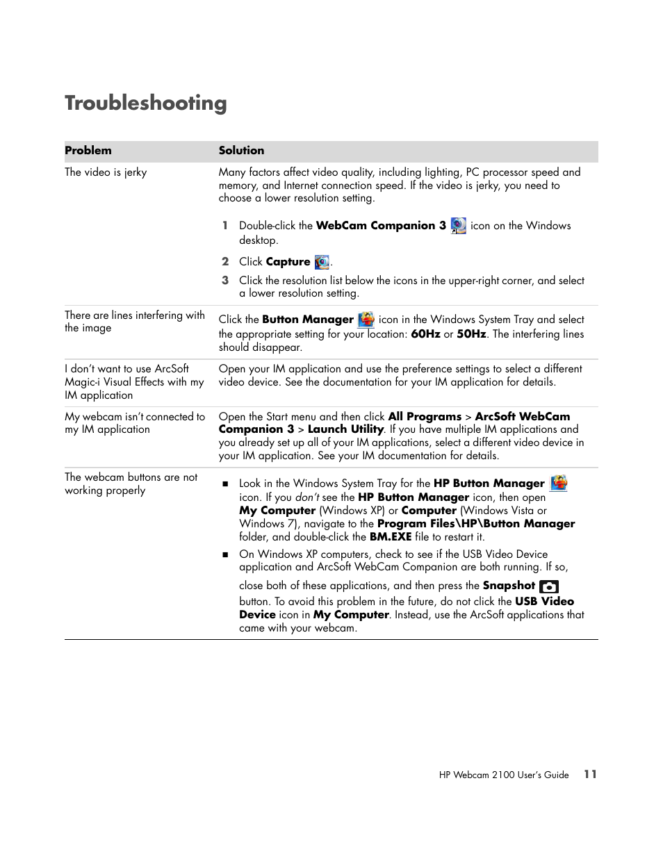 Troubleshooting | HP 2100 Webcam User Manual | Page 15 / 16