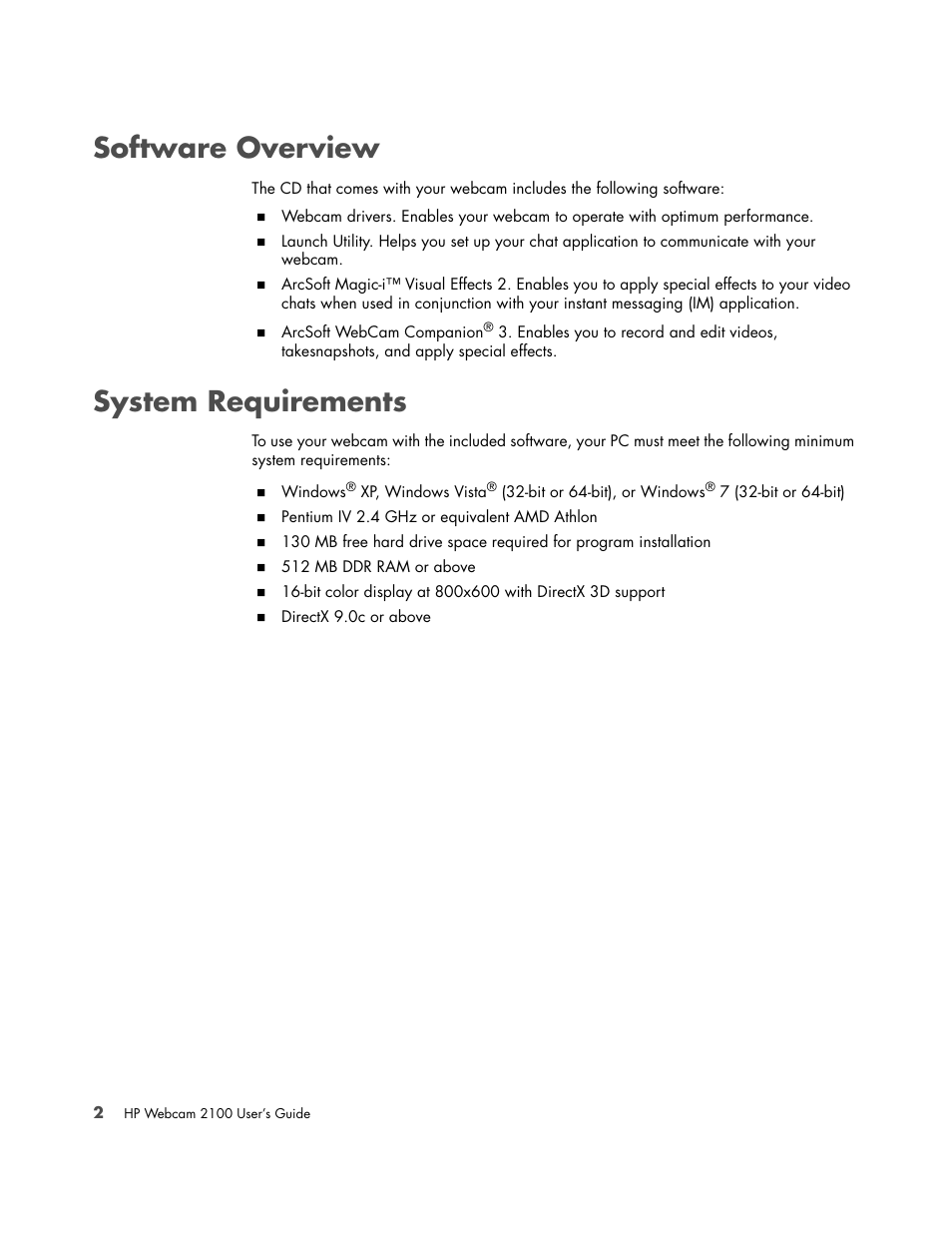 Software overview, System requirements, Software overview system requirements | HP 2100 Webcam User Manual | Page 6 / 16