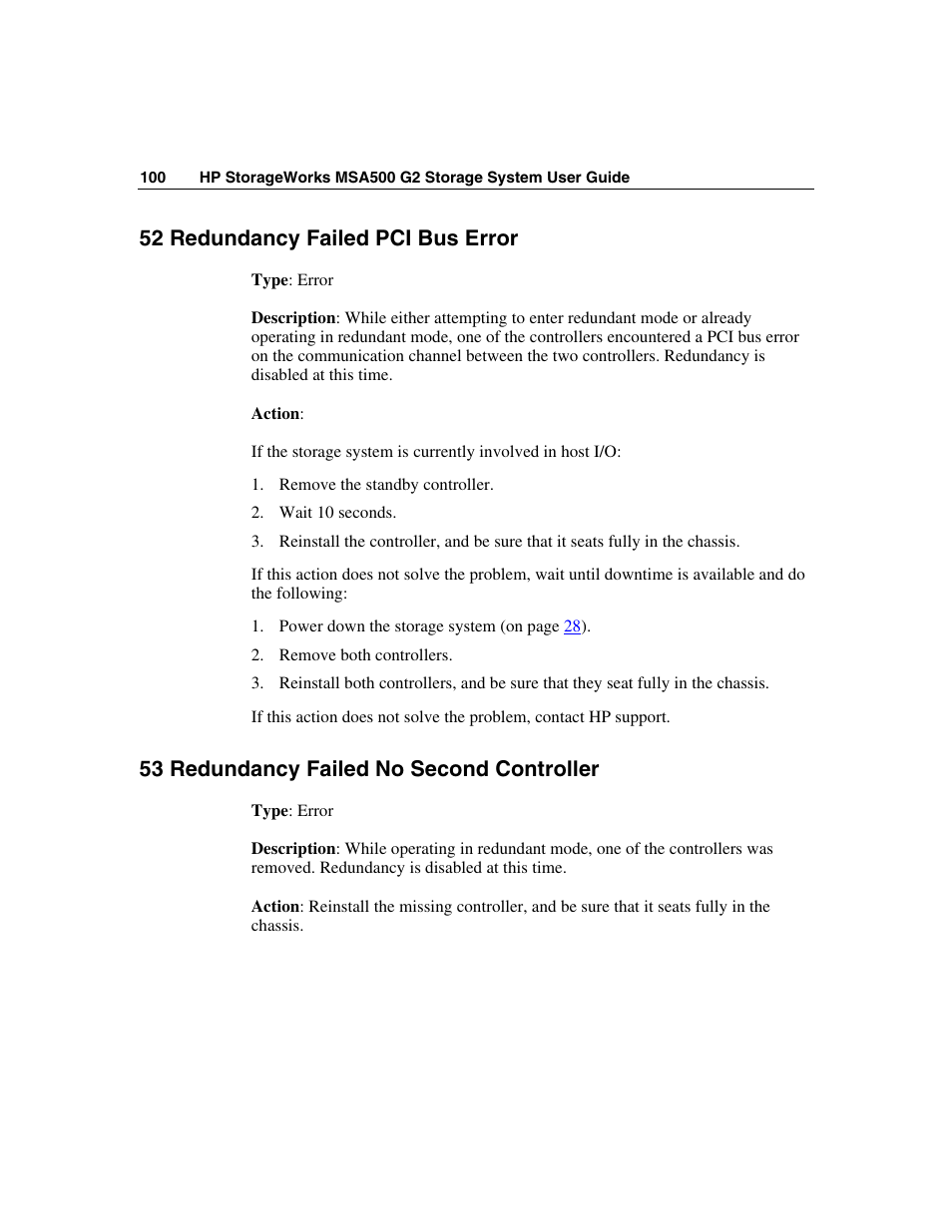 52 redundancy failed pci bus error, 53 redundancy failed no second controller | HP StorageWorks 500 G2 Modular Smart Array User Manual | Page 100 / 153