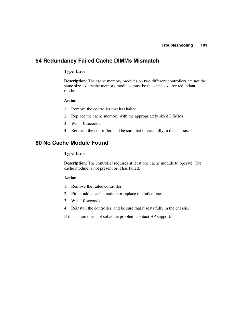 54 redundancy failed cache dimms mismatch, 60 no cache module found | HP StorageWorks 500 G2 Modular Smart Array User Manual | Page 101 / 153