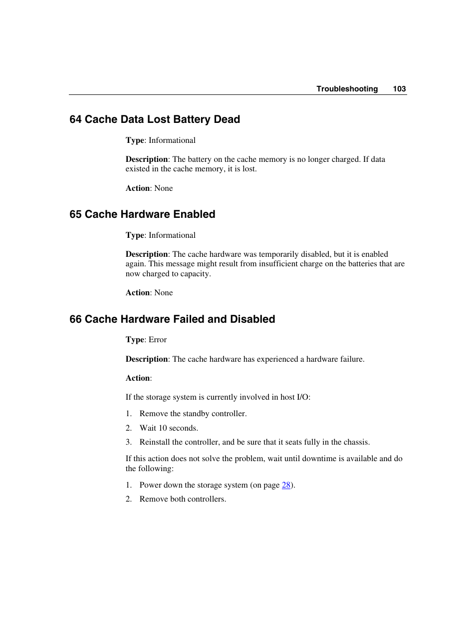 64 cache data lost battery dead, 65 cache hardware enabled, 66 cache hardware failed and disabled | HP StorageWorks 500 G2 Modular Smart Array User Manual | Page 103 / 153