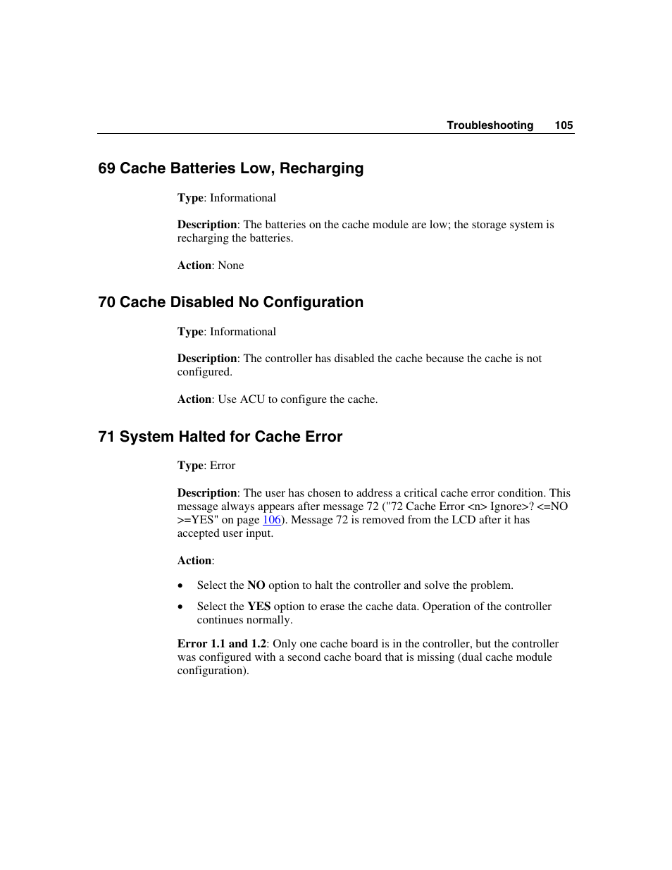 69 cache batteries low, recharging, 70 cache disabled no configuration, 71 system halted for cache error | HP StorageWorks 500 G2 Modular Smart Array User Manual | Page 105 / 153