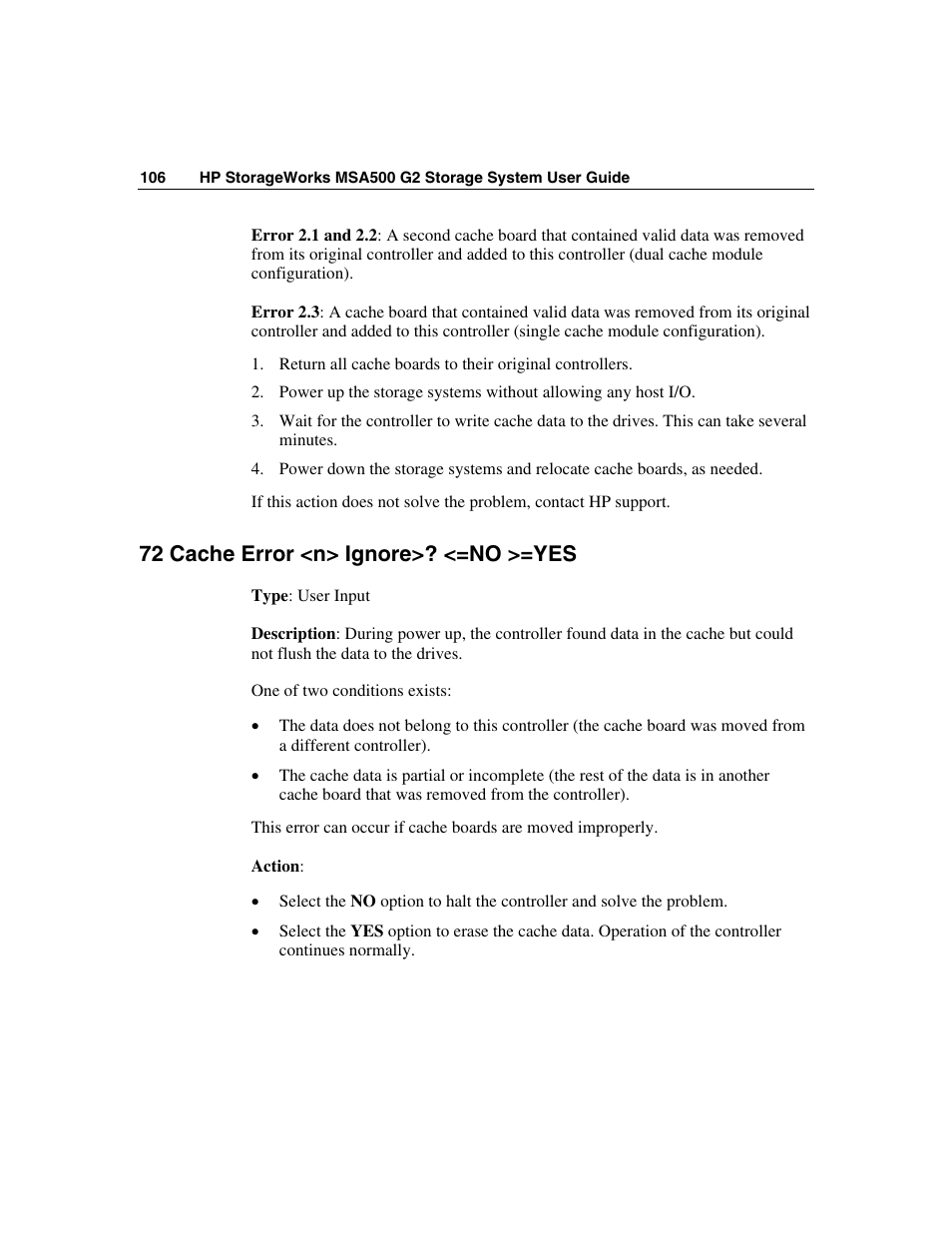 72 cache error <n> ignore>? <=no >=yes | HP StorageWorks 500 G2 Modular Smart Array User Manual | Page 106 / 153