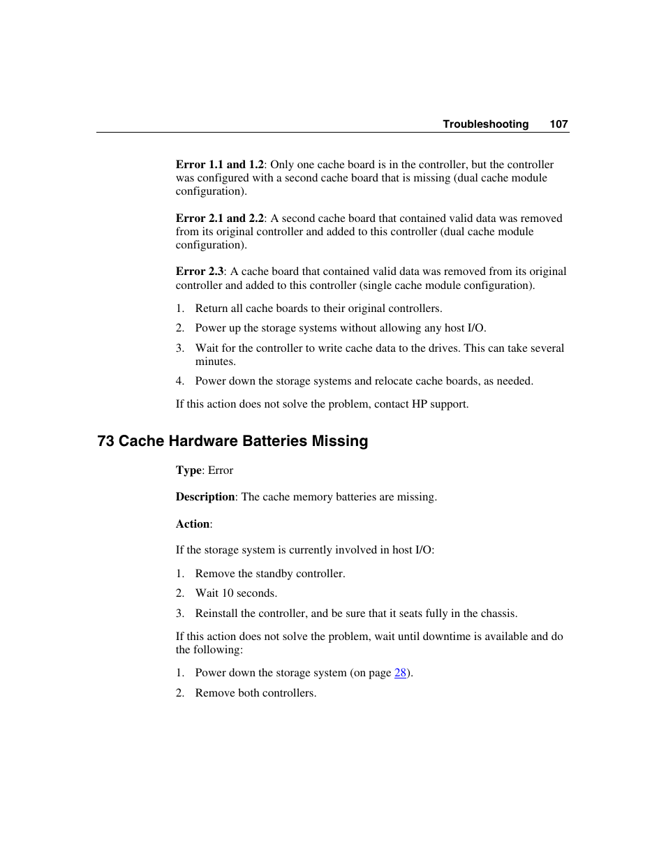 73 cache hardware batteries missing | HP StorageWorks 500 G2 Modular Smart Array User Manual | Page 107 / 153
