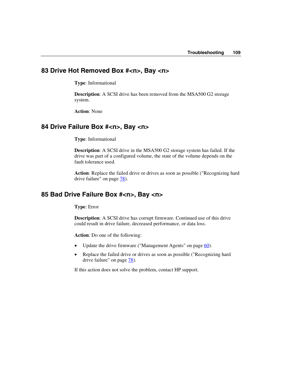 83 drive hot removed box #<n>, bay <n, 84 drive failure box #<n>, bay <n, 85 bad drive failure box #<n>, bay <n | HP StorageWorks 500 G2 Modular Smart Array User Manual | Page 109 / 153