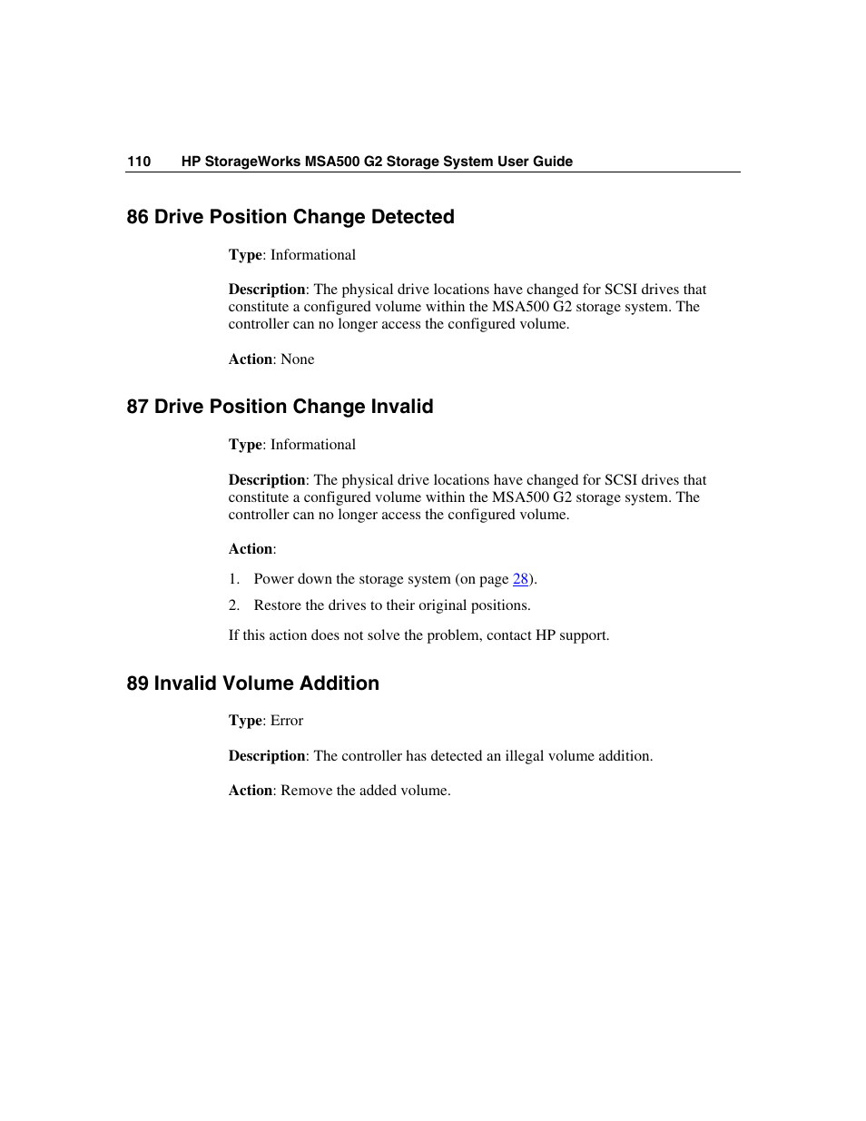 86 drive position change detected, 87 drive position change invalid, 89 invalid volume addition | HP StorageWorks 500 G2 Modular Smart Array User Manual | Page 110 / 153