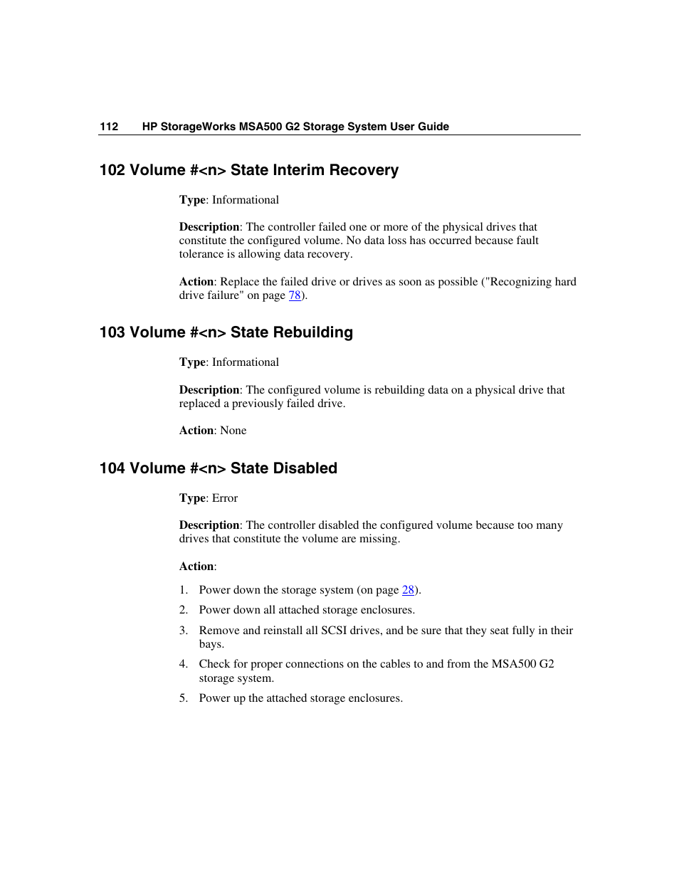 102 volume #<n> state interim recovery, 103 volume #<n> state rebuilding, 104 volume #<n> state disabled | HP StorageWorks 500 G2 Modular Smart Array User Manual | Page 112 / 153