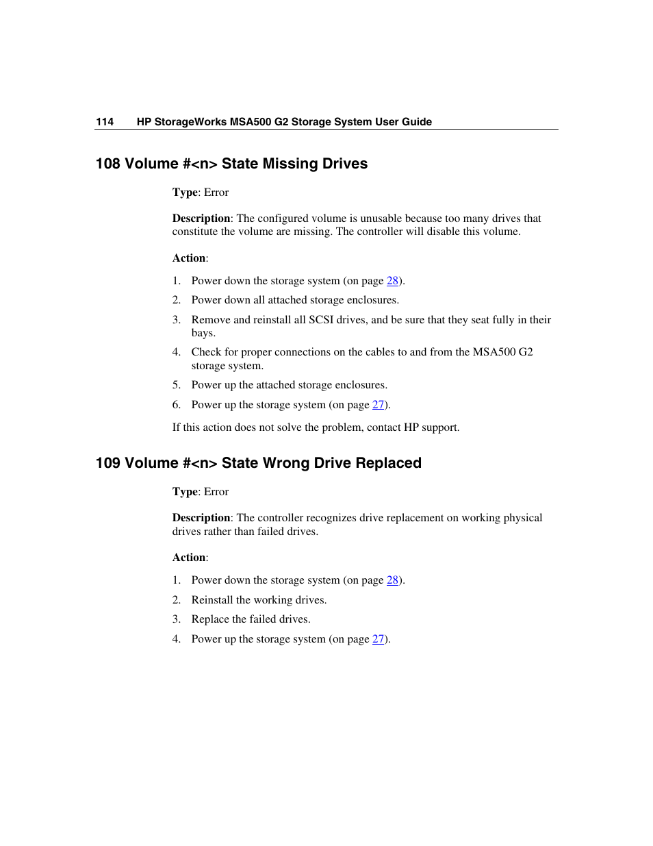 108 volume #<n> state missing drives, 109 volume #<n> state wrong drive replaced | HP StorageWorks 500 G2 Modular Smart Array User Manual | Page 114 / 153