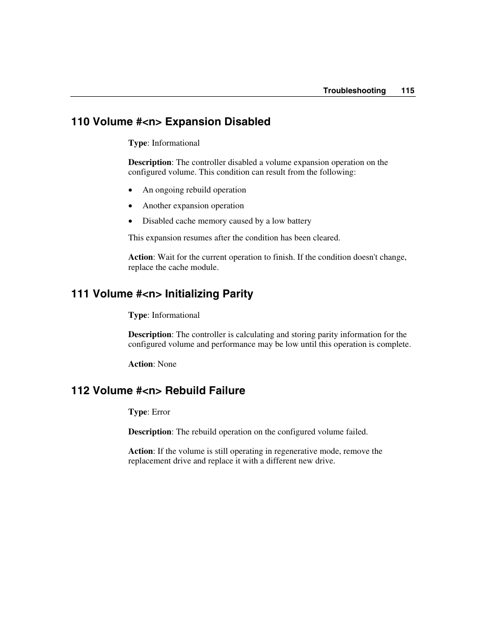 110 volume #<n> expansion disabled, 111 volume #<n> initializing parity, 112 volume #<n> rebuild failure | HP StorageWorks 500 G2 Modular Smart Array User Manual | Page 115 / 153
