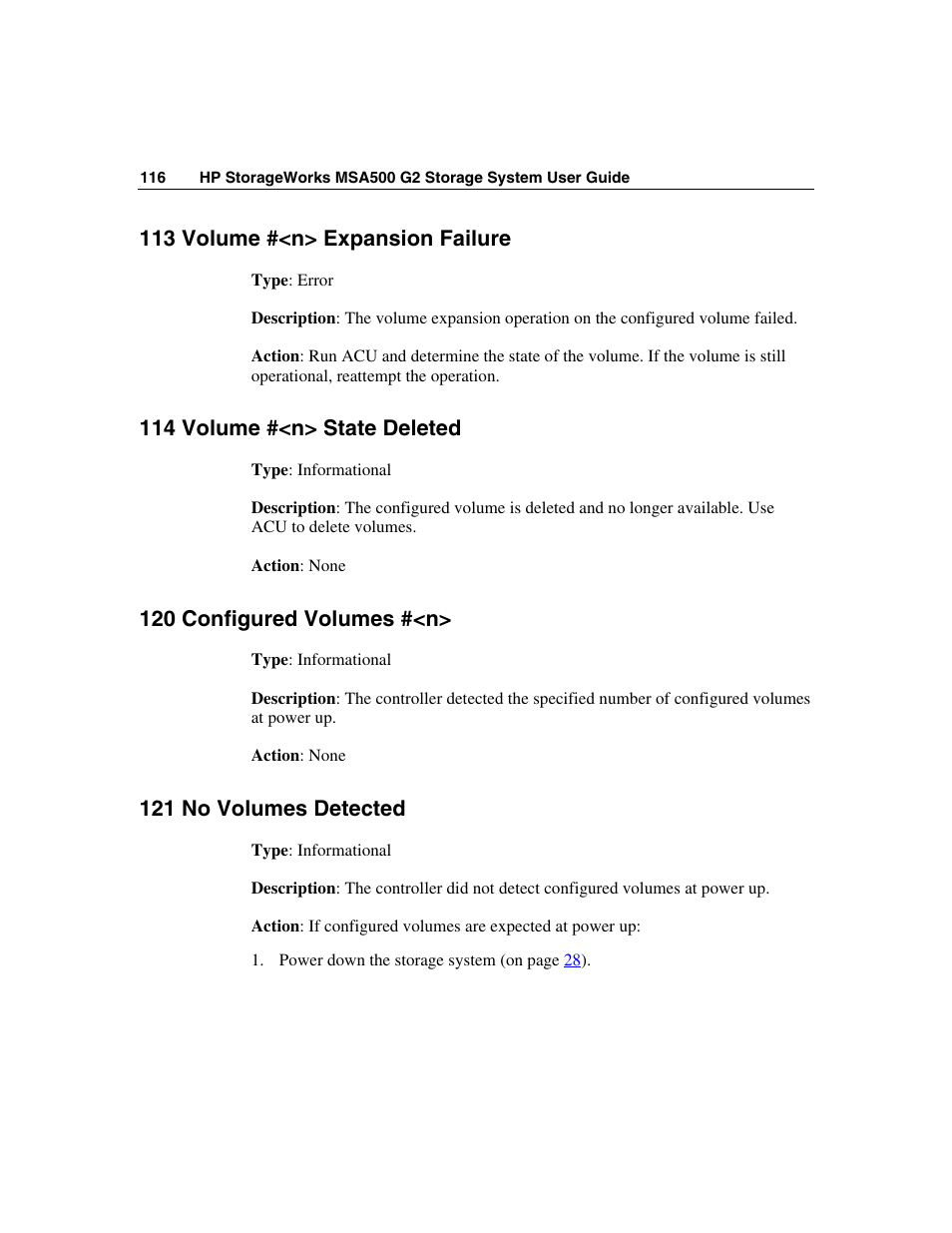 113 volume #<n> expansion failure, 114 volume #<n> state deleted, 120 configured volumes #<n | 121 no volumes detected | HP StorageWorks 500 G2 Modular Smart Array User Manual | Page 116 / 153