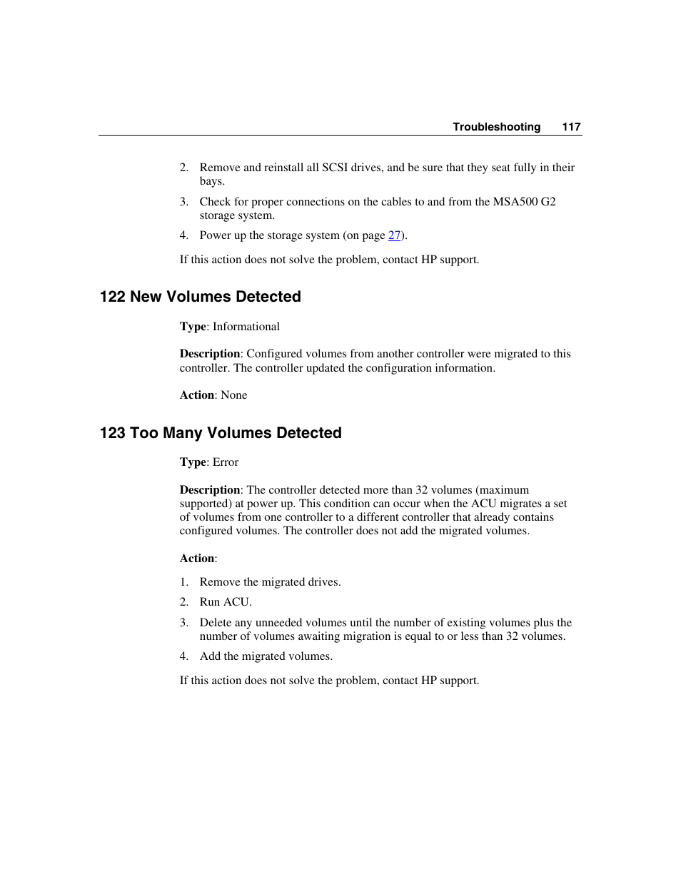 122 new volumes detected, 123 too many volumes detected | HP StorageWorks 500 G2 Modular Smart Array User Manual | Page 117 / 153