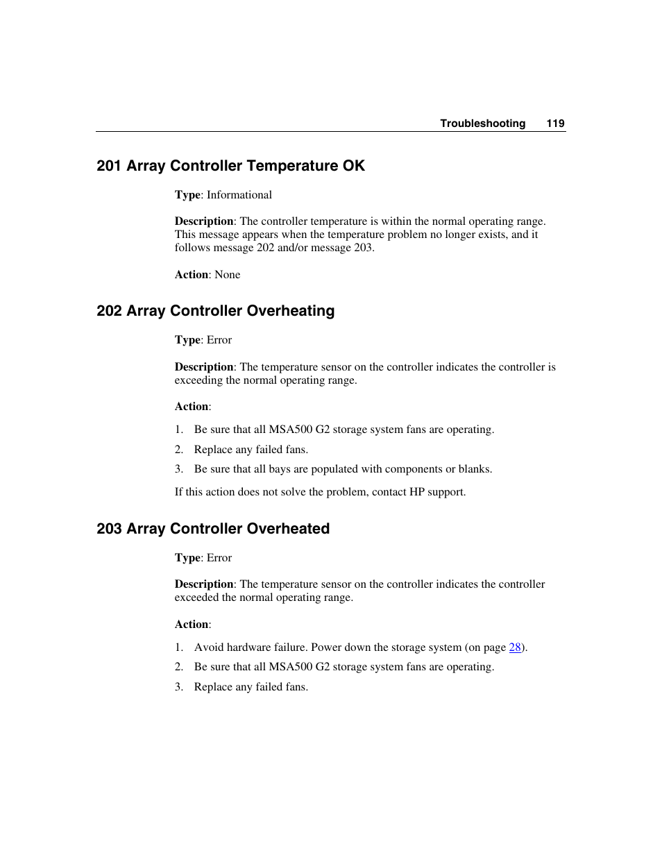 201 array controller temperature ok, 202 array controller overheating, 203 array controller overheated | HP StorageWorks 500 G2 Modular Smart Array User Manual | Page 119 / 153