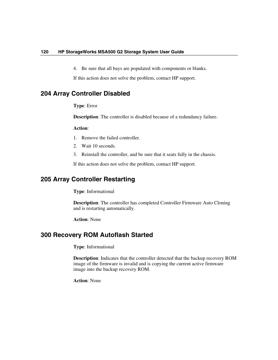 204 array controller disabled, 205 array controller restarting, 300 recovery rom autoflash started | HP StorageWorks 500 G2 Modular Smart Array User Manual | Page 120 / 153