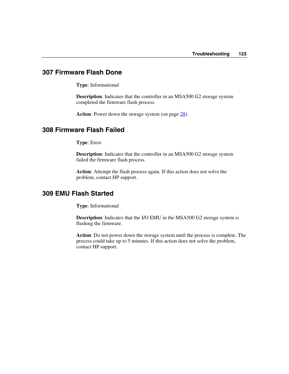 307 firmware flash done, 308 firmware flash failed, 309 emu flash started | HP StorageWorks 500 G2 Modular Smart Array User Manual | Page 123 / 153