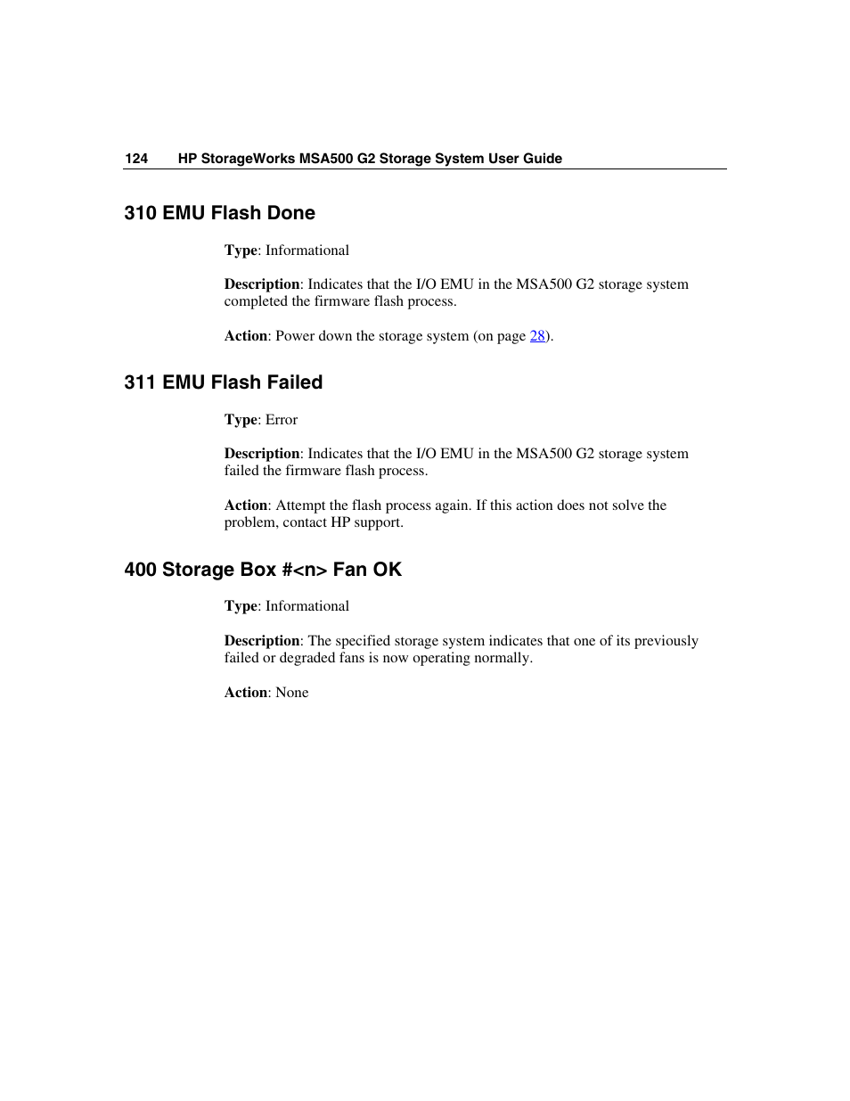 310 emu flash done, 311 emu flash failed, 400 storage box #<n> fan ok | HP StorageWorks 500 G2 Modular Smart Array User Manual | Page 124 / 153