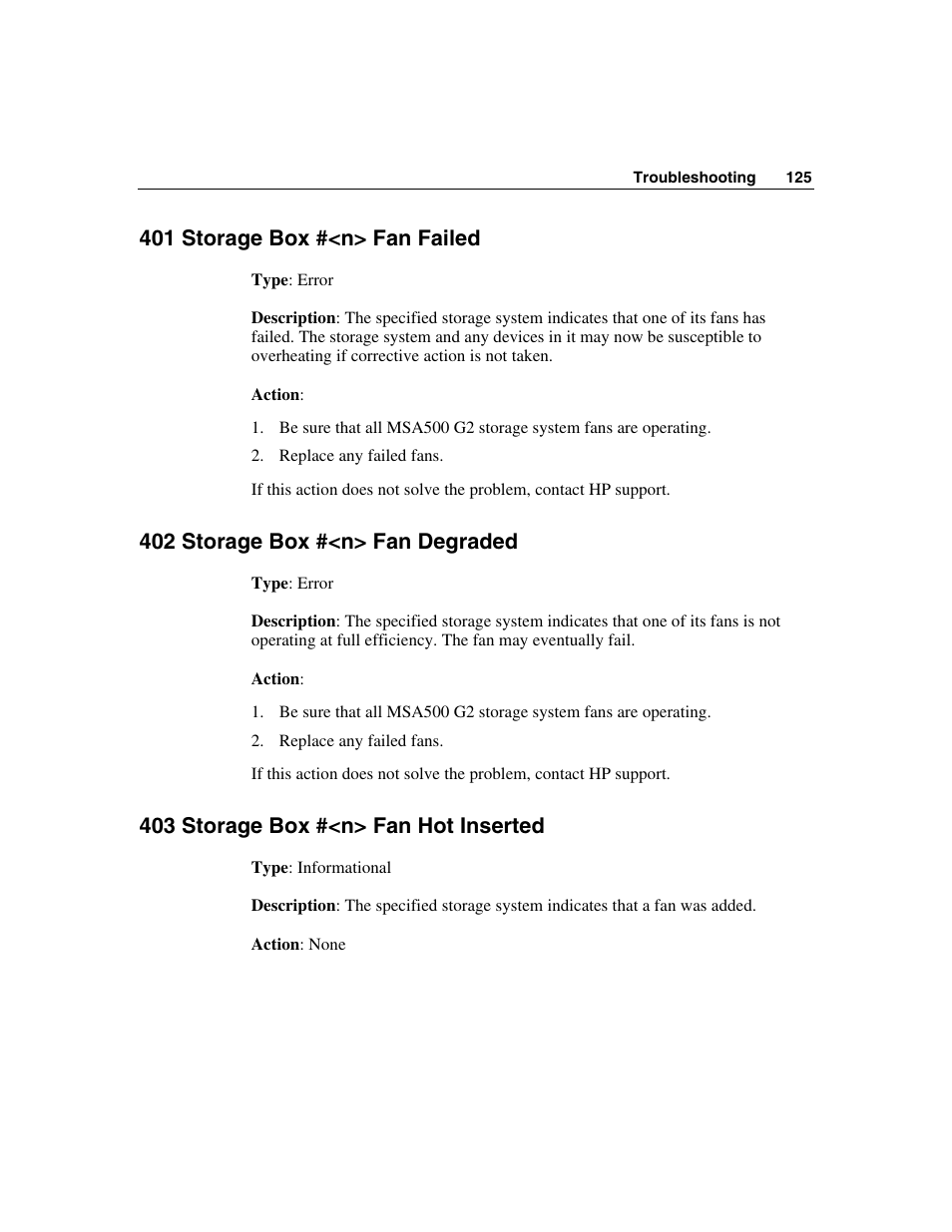 401 storage box #<n> fan failed, 402 storage box #<n> fan degraded, 403 storage box #<n> fan hot inserted | HP StorageWorks 500 G2 Modular Smart Array User Manual | Page 125 / 153