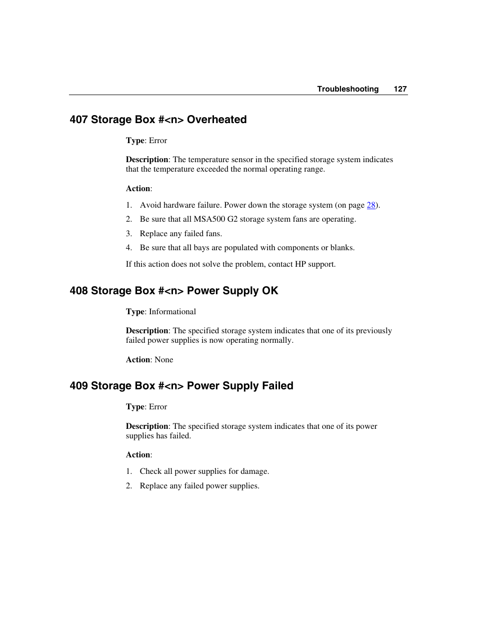 407 storage box #<n> overheated, 408 storage box #<n> power supply ok, 409 storage box #<n> power supply failed | HP StorageWorks 500 G2 Modular Smart Array User Manual | Page 127 / 153