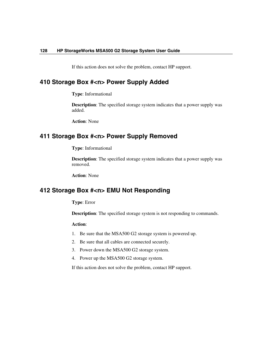 410 storage box #<n> power supply added, 411 storage box #<n> power supply removed, 412 storage box #<n> emu not responding | HP StorageWorks 500 G2 Modular Smart Array User Manual | Page 128 / 153