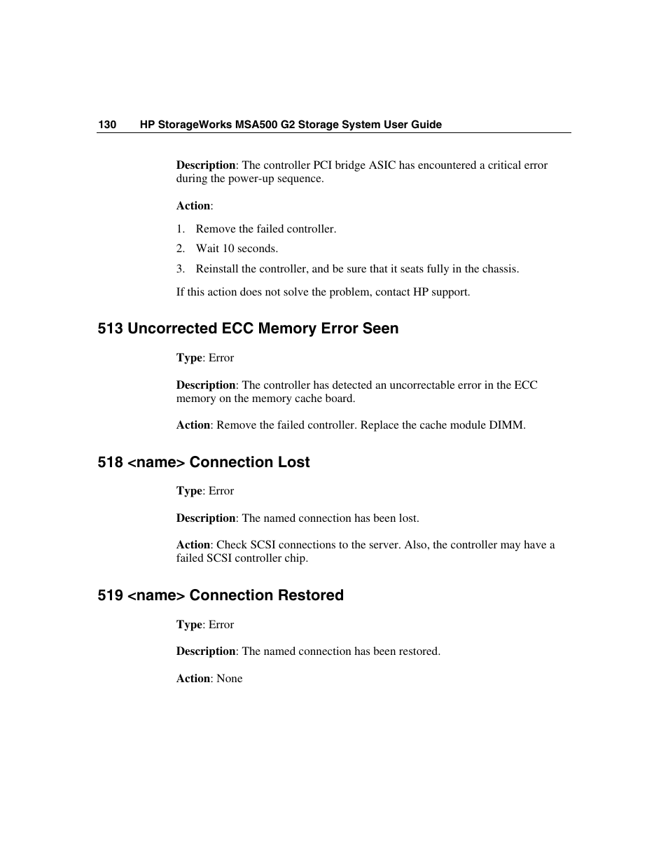 513 uncorrected ecc memory error seen, 518 <name> connection lost, 519 <name> connection restored | HP StorageWorks 500 G2 Modular Smart Array User Manual | Page 130 / 153