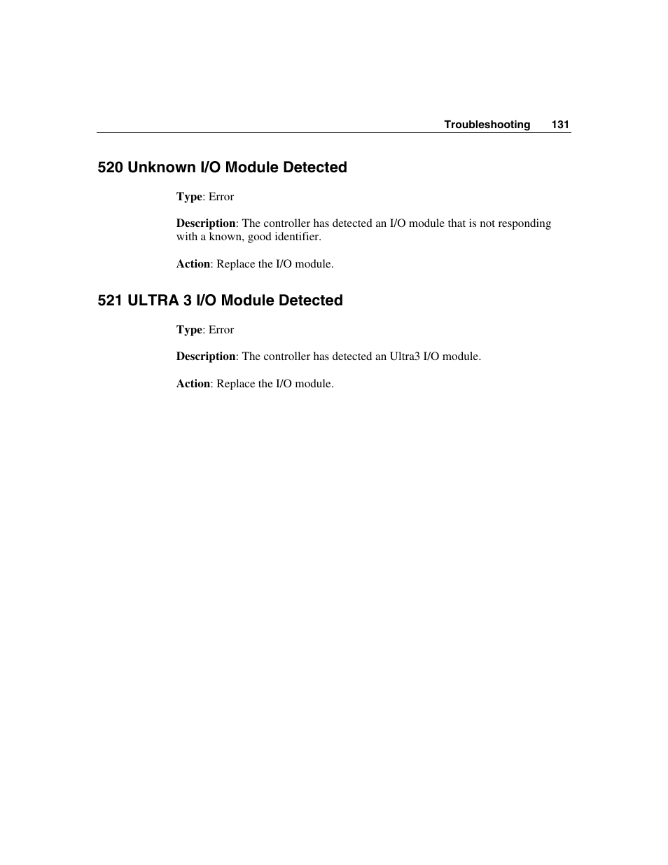 520 unknown i/o module detected, 521 ultra 3 i/o module detected | HP StorageWorks 500 G2 Modular Smart Array User Manual | Page 131 / 153