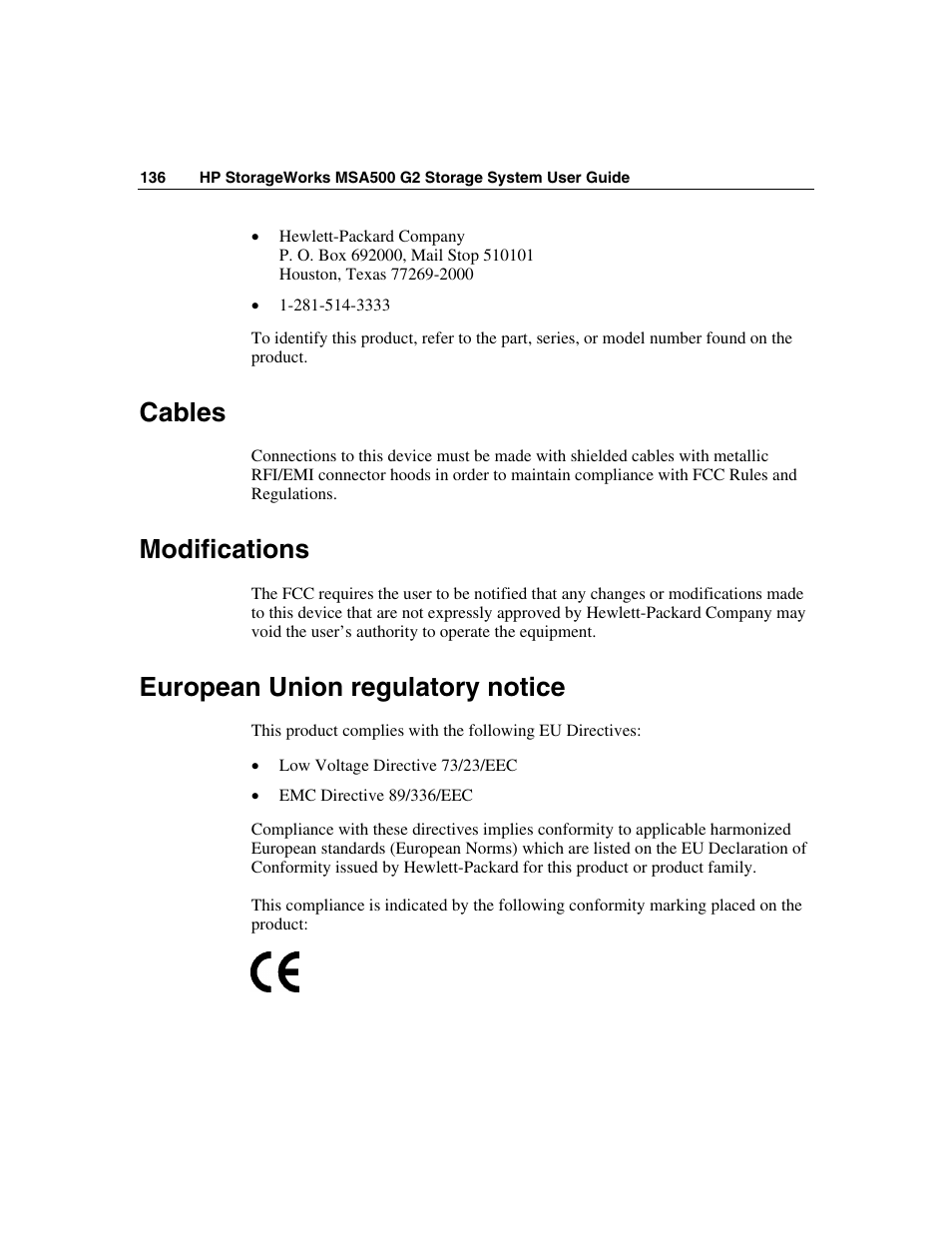 Cables, Modifications, European union regulatory notice | HP StorageWorks 500 G2 Modular Smart Array User Manual | Page 136 / 153