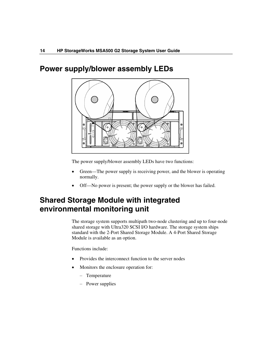 Power supply/blower assembly leds | HP StorageWorks 500 G2 Modular Smart Array User Manual | Page 14 / 153