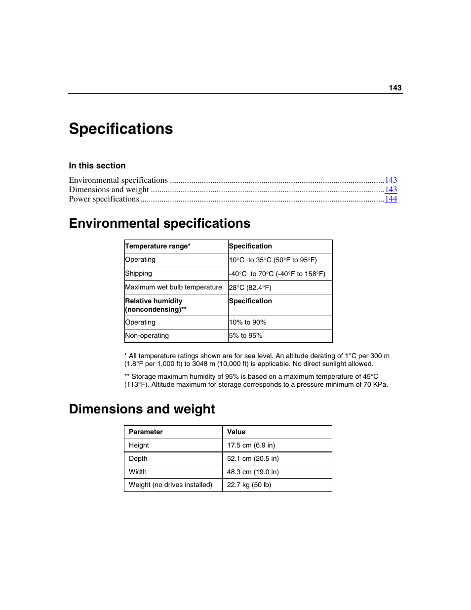 Specifications, Environmental specifications, Dimensions and weight | Specifications 143 | HP StorageWorks 500 G2 Modular Smart Array User Manual | Page 143 / 153