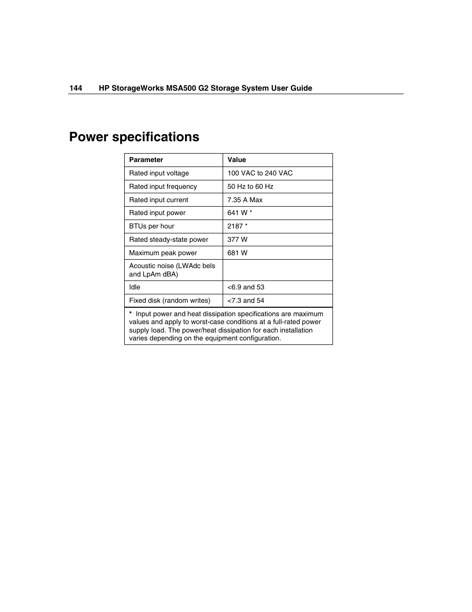 Power specifications | HP StorageWorks 500 G2 Modular Smart Array User Manual | Page 144 / 153