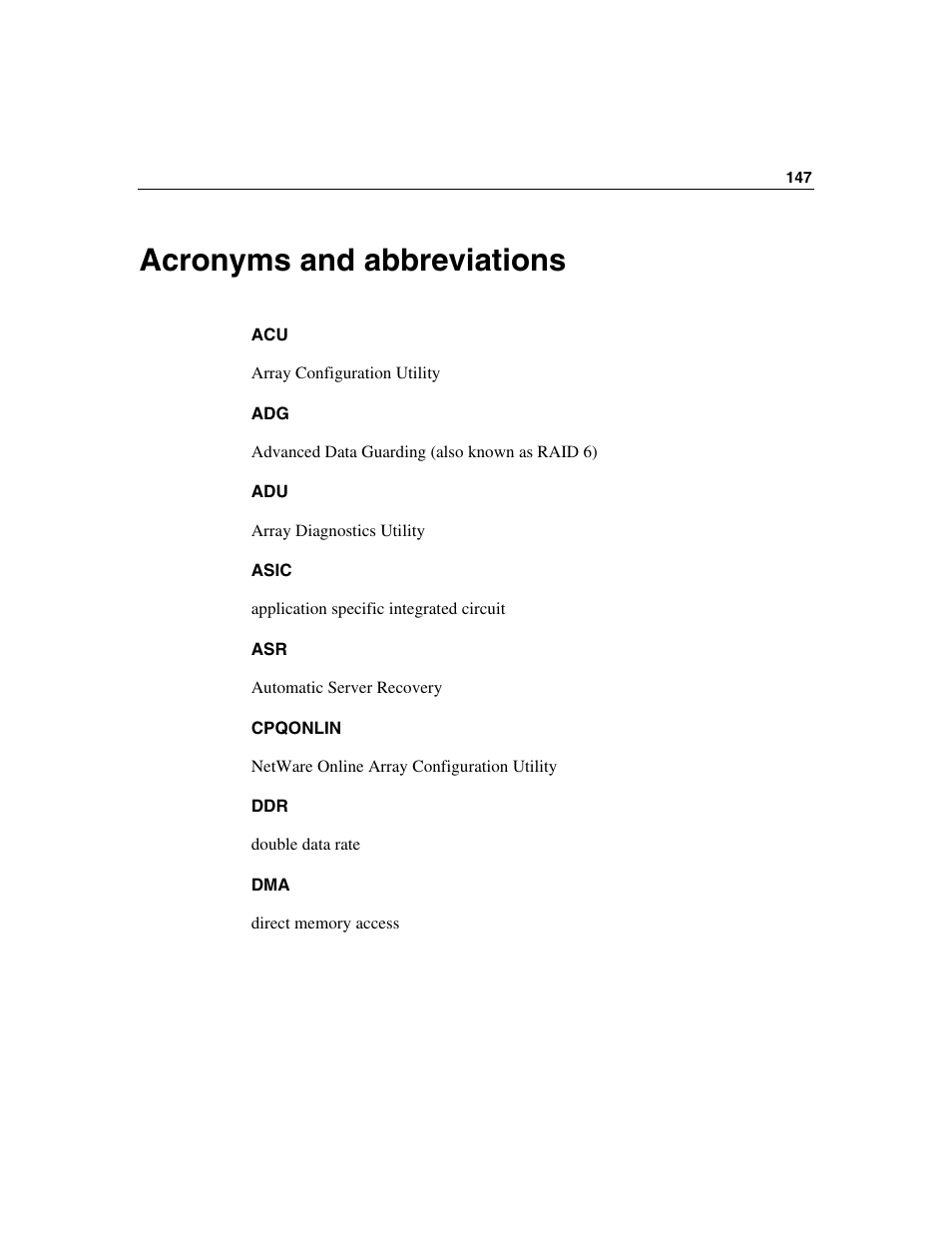 Acronyms and abbreviations | HP StorageWorks 500 G2 Modular Smart Array User Manual | Page 147 / 153