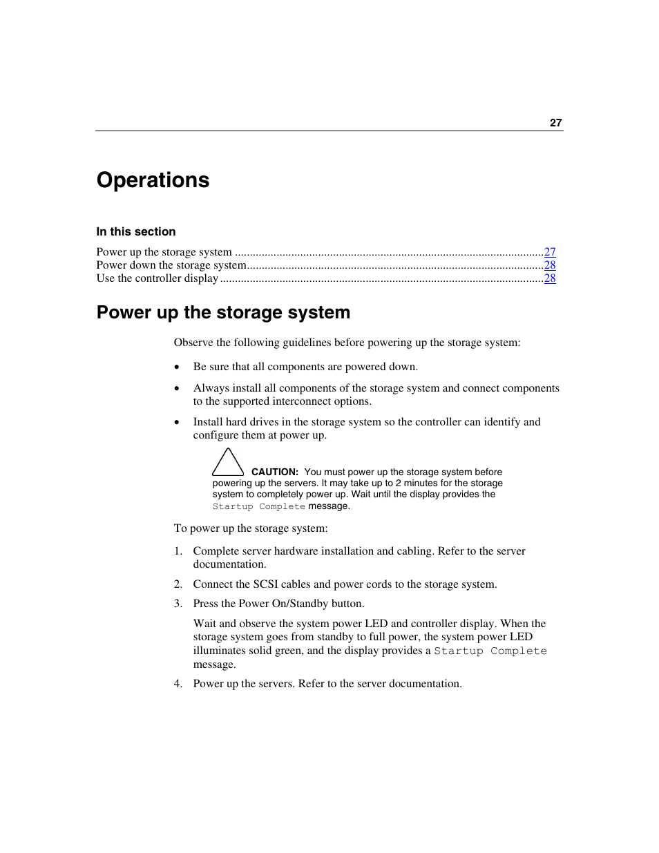 Operations, Power up the storage system, Operations 27 | HP StorageWorks 500 G2 Modular Smart Array User Manual | Page 27 / 153