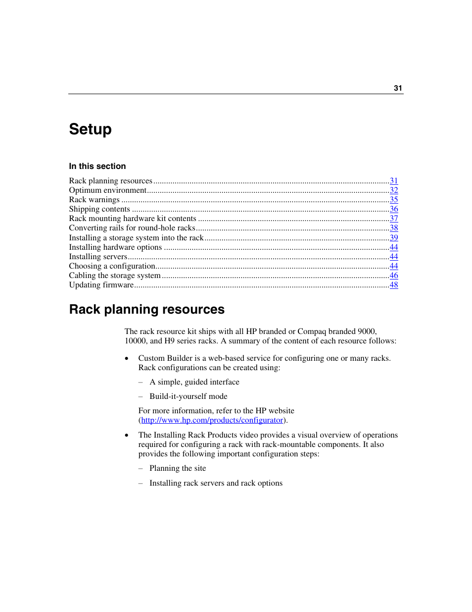 Setup, Rack planning resources, Setup 31 | HP StorageWorks 500 G2 Modular Smart Array User Manual | Page 31 / 153