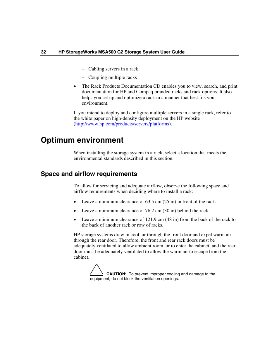 Optimum environment, Space and airflow requirements | HP StorageWorks 500 G2 Modular Smart Array User Manual | Page 32 / 153