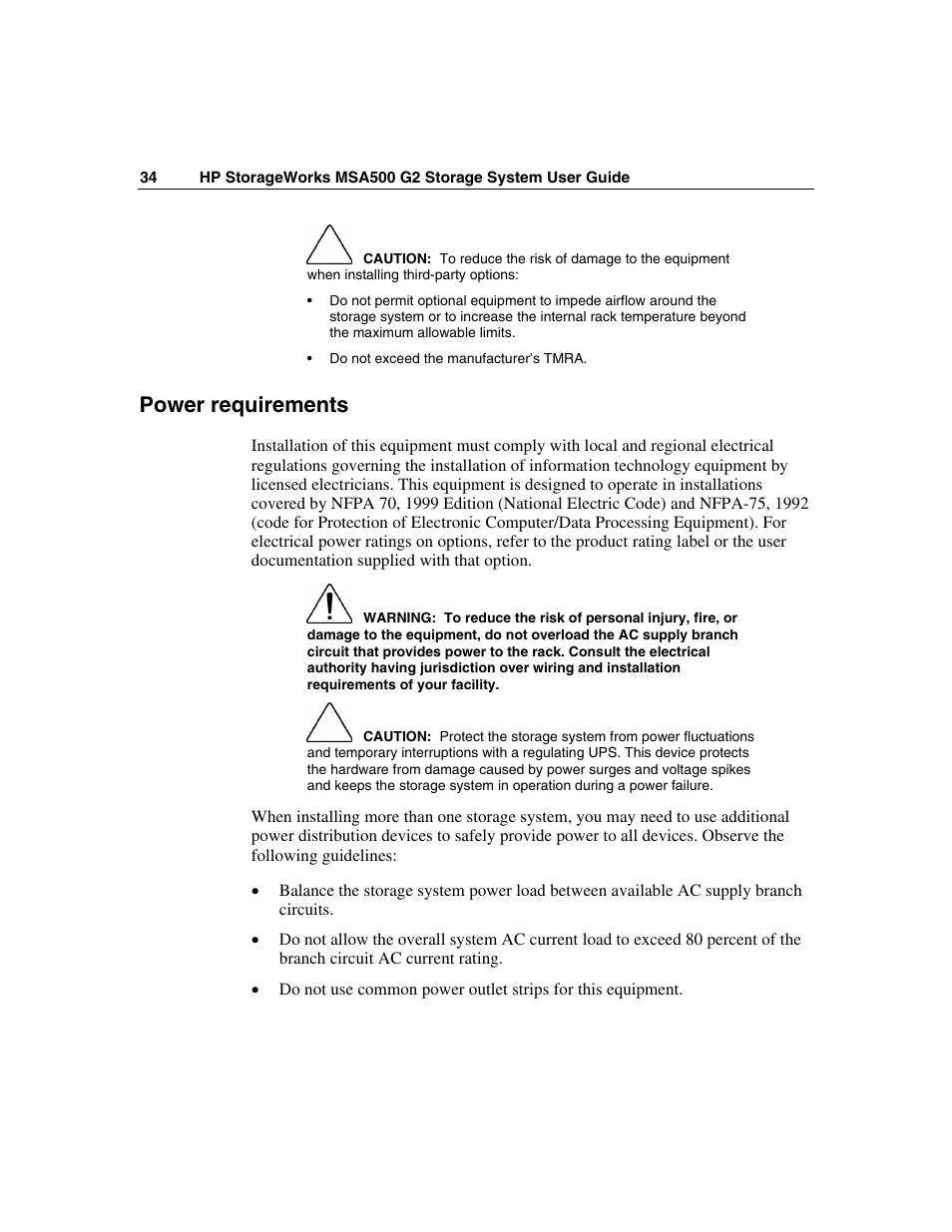 Power requirements | HP StorageWorks 500 G2 Modular Smart Array User Manual | Page 34 / 153