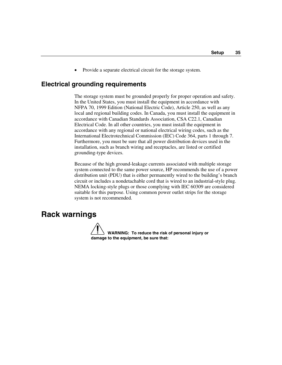Electrical grounding requirements, Rack warnings | HP StorageWorks 500 G2 Modular Smart Array User Manual | Page 35 / 153
