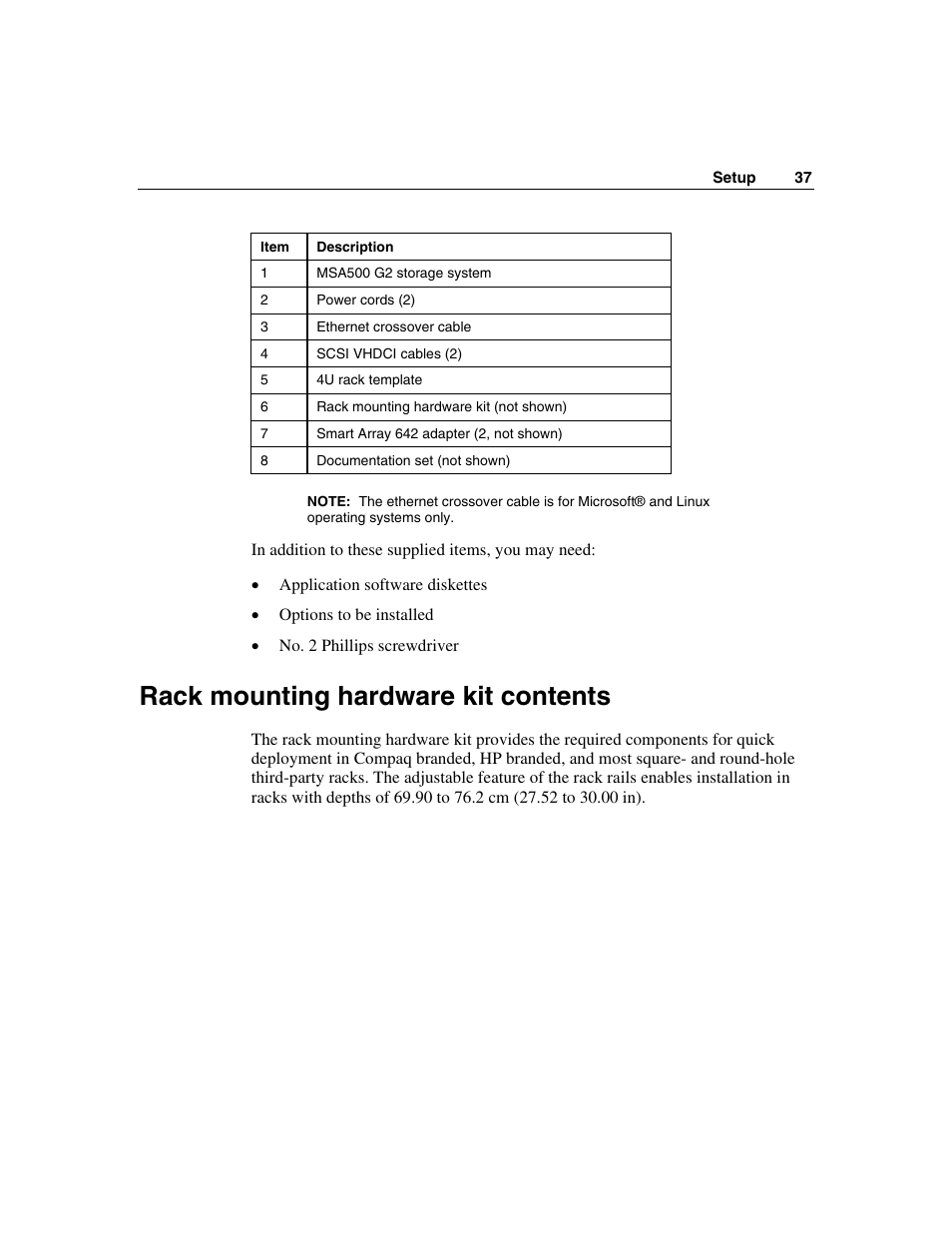 Rack mounting hardware kit contents | HP StorageWorks 500 G2 Modular Smart Array User Manual | Page 37 / 153