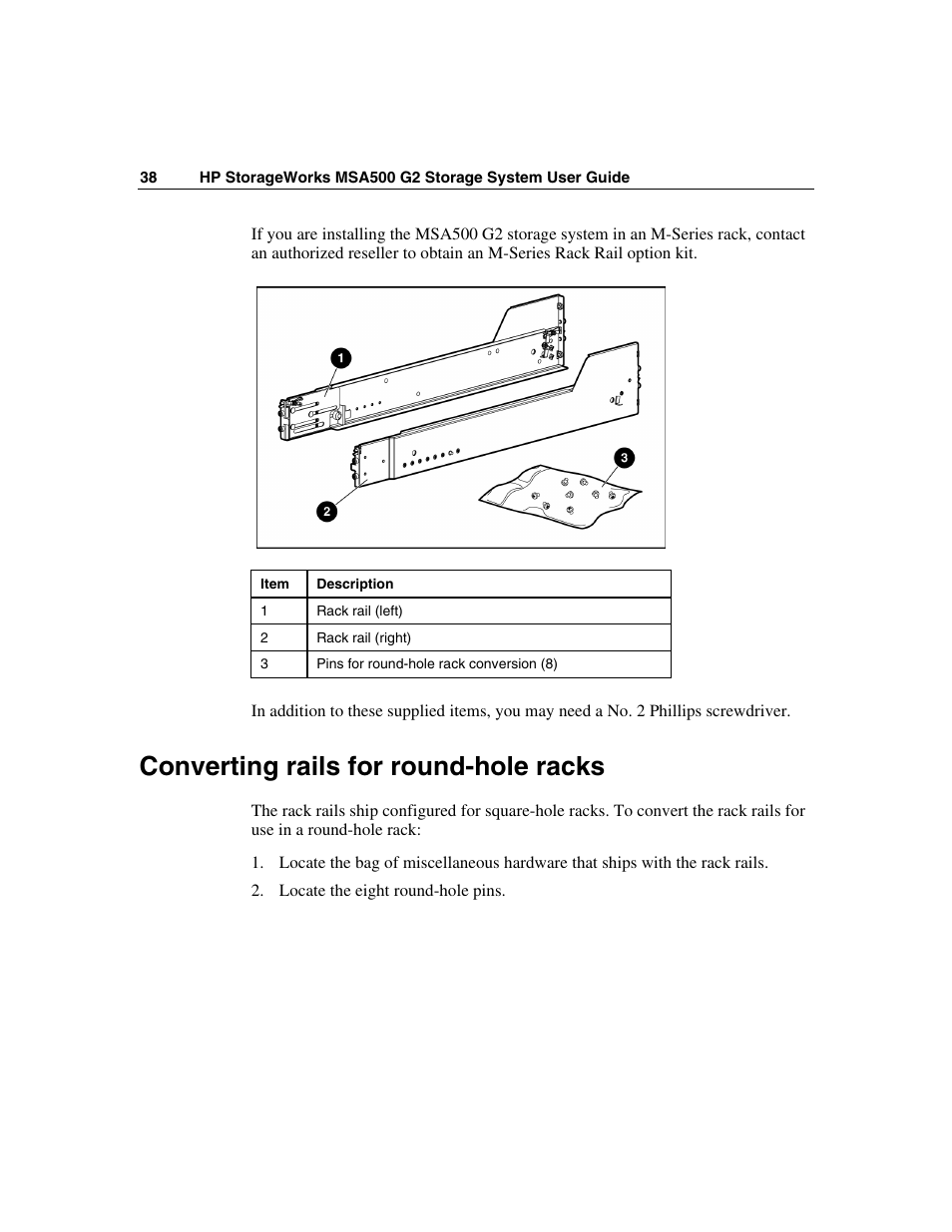 Converting rails for round-hole racks | HP StorageWorks 500 G2 Modular Smart Array User Manual | Page 38 / 153