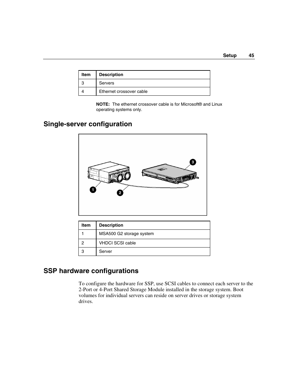 Single-server configuration, Ssp hardware configurations | HP StorageWorks 500 G2 Modular Smart Array User Manual | Page 45 / 153